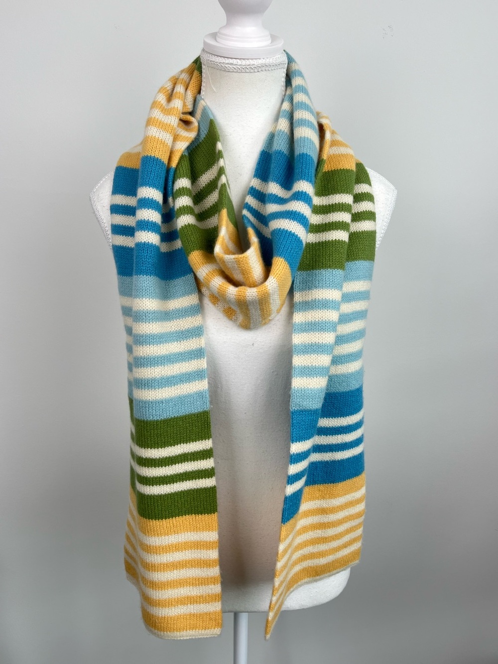 Fraas 100% wool yellow blue green striped long knit scarf.